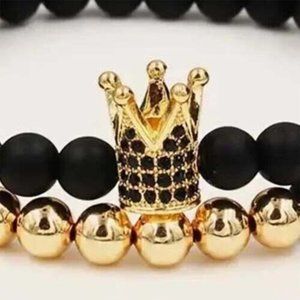 **NWOT** CROWN CHARM BLACK MATTE OBSIDIAN BEADS GOLD BEADS & BRACELET PAIR 49